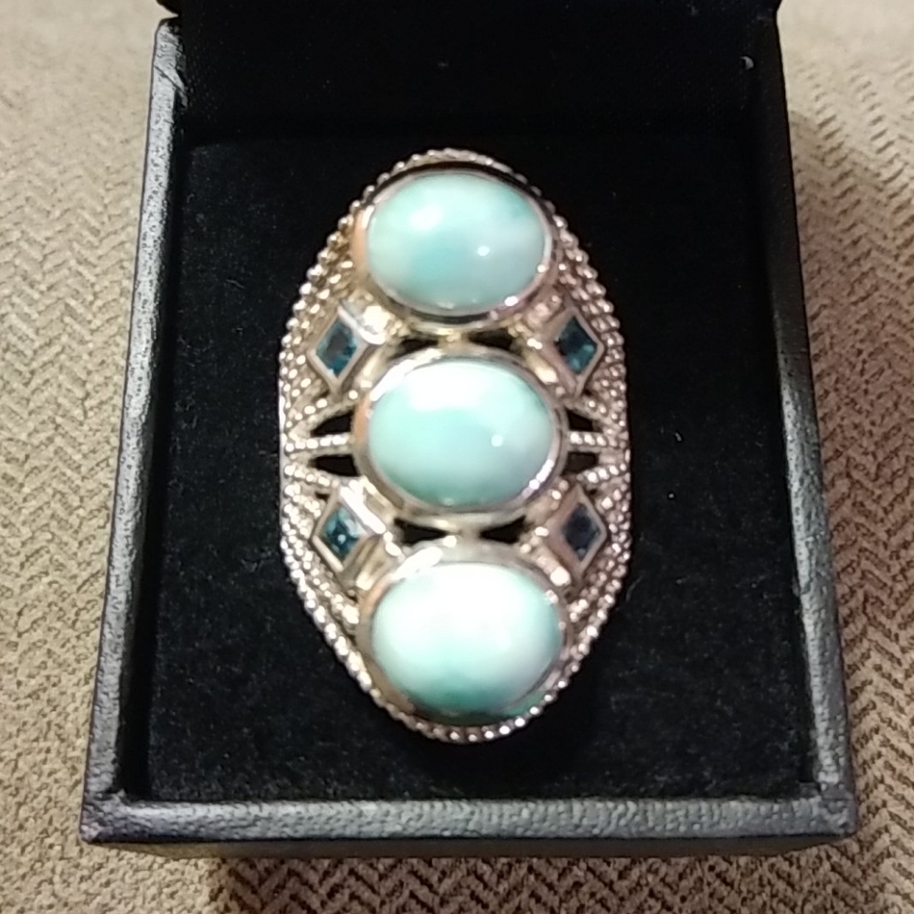 Never worn Larimar and topaz silver ring